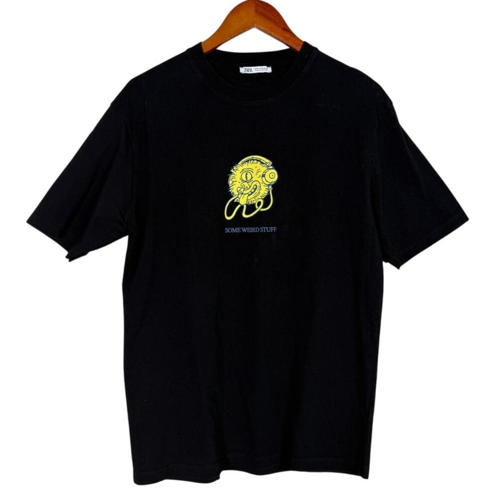 Zara Oversized Relaxed Fit Some Weird Stuff Basic T Shirt M Black Yellow #3393